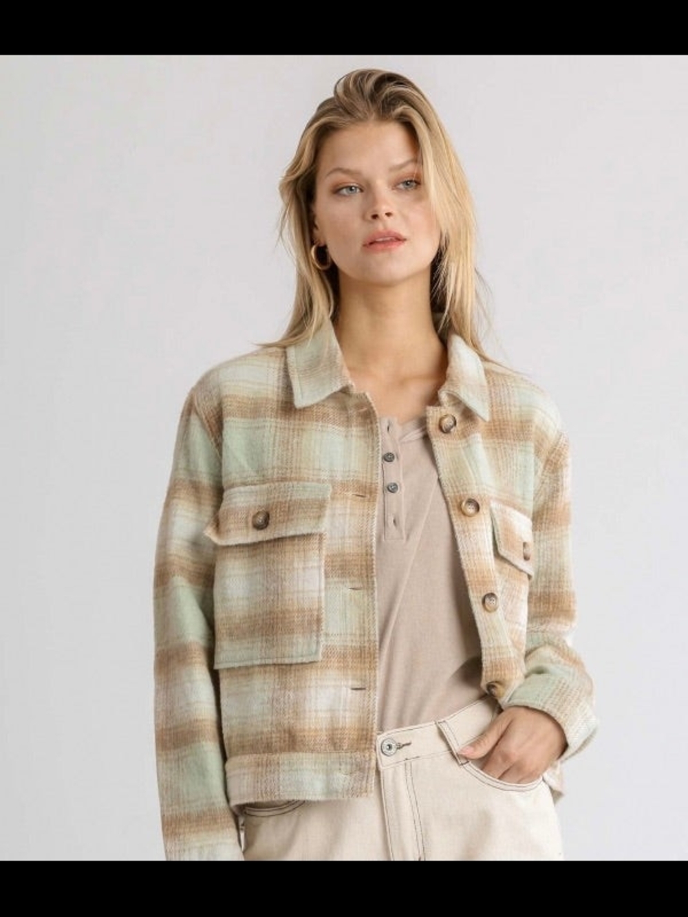 Umgee Brushed Twill Plaid Cropped Jacket in a pistachio mix